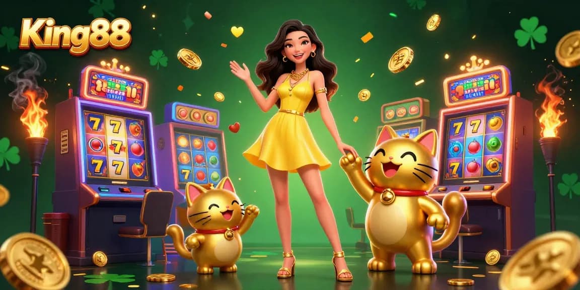 Experience thrilling casino action with King88, featuring vibrant slot reels and a lucky cat.