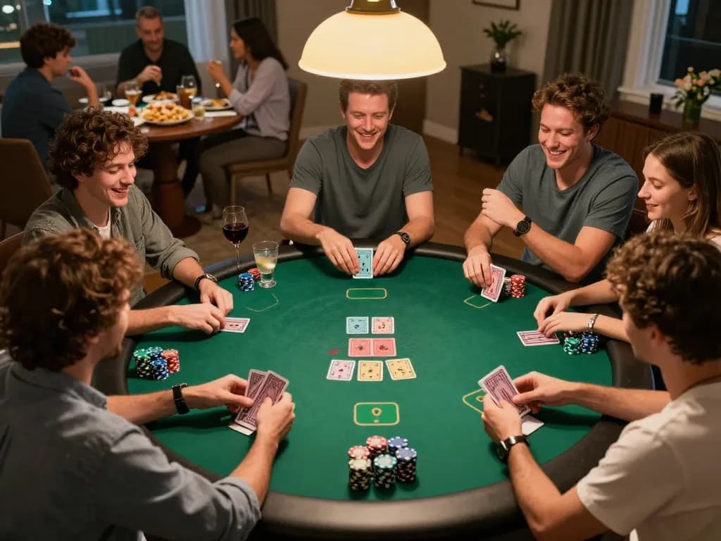 Kuwin poker night with friends showcasing intense gameplay and camaraderie around a green felt table
