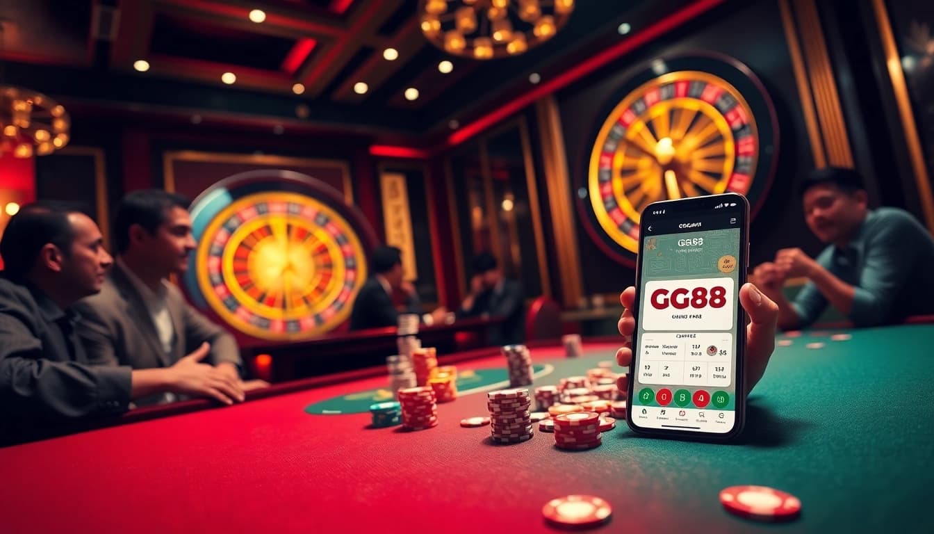 GG88 players engaging in a thrilling poker game with colorful chips and a roulette wheel.