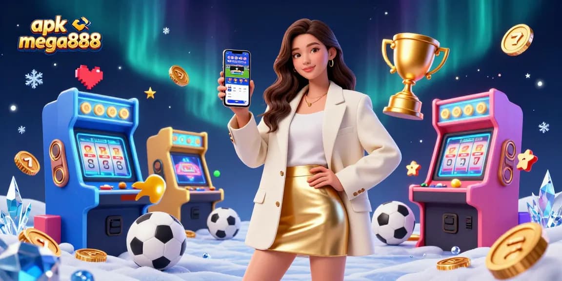 Experience apk mega888 with a friendly Asian woman showcasing online gaming on her smartphone surrounded by vibrant casino elements.