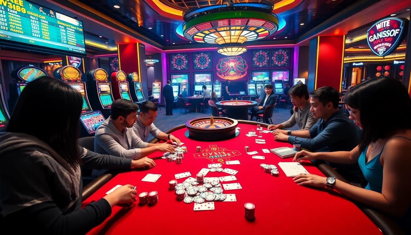 Players enjoying a high-stakes game at WW88 com casino table with chips and cards.