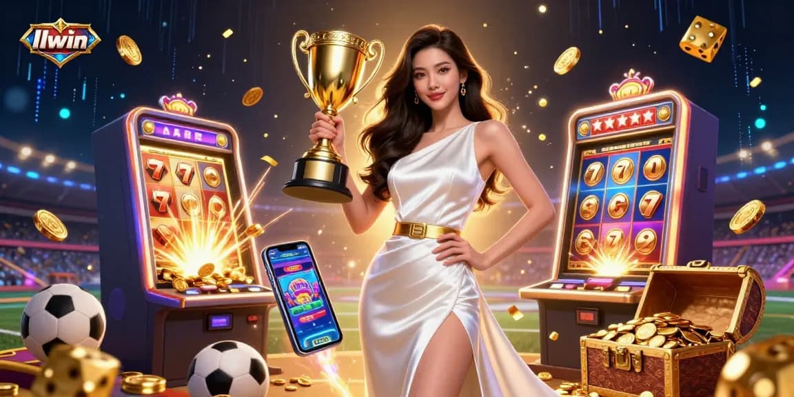 Experience llwin's vibrant casino action with a stunning Asian woman holding a trophy amidst dynamic gaming elements.