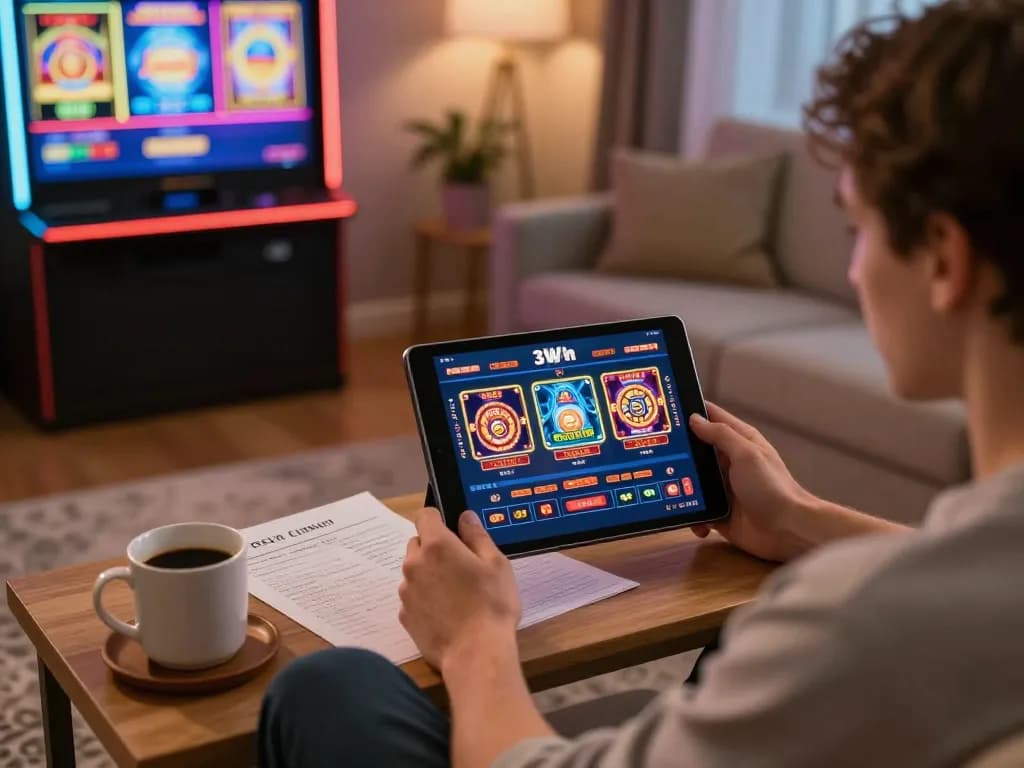 Engaged player using tablet on trang chủ 3win, showcasing online gambling excitement.