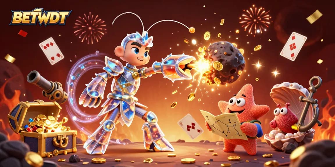 Experience thrill and excitement with BETBDT as the mantis shrimp battles asteroids and collects treasures in an underwater casino adventure.