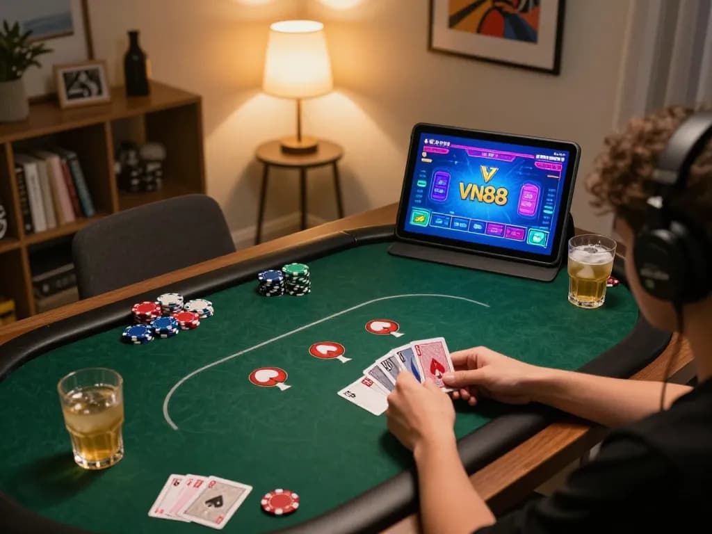 Player enjoying poker on VN88 with colorful tablet interface and cozy home setting.