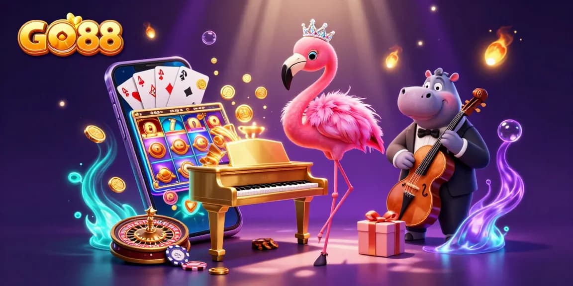Experience thrilling slots and casino games at GO88 with vibrant, engaging characters in a dynamic 3D scene.