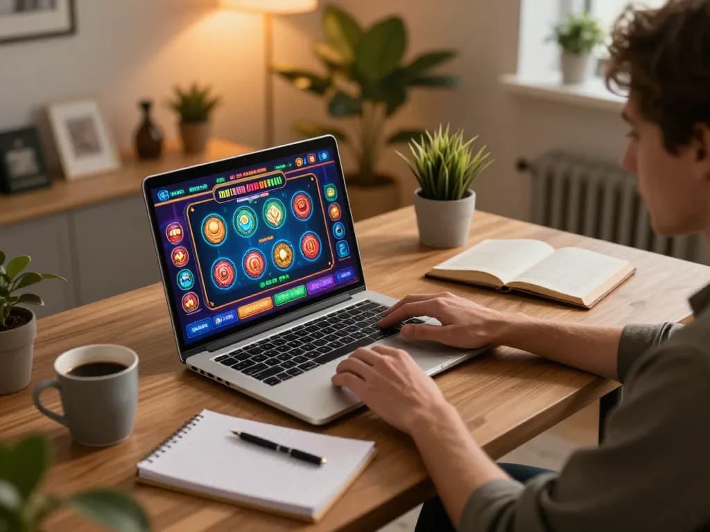 Engaged player enjoying JUARA88 online gaming experience with vibrant display and strategic notes.
