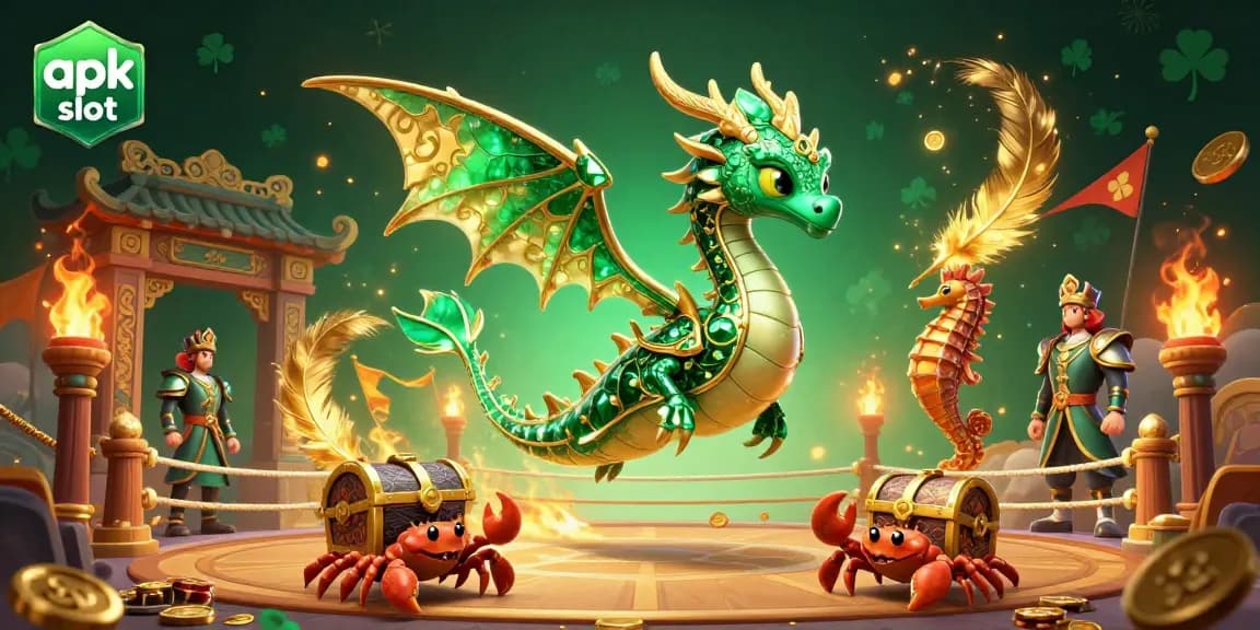 Engage with apk slot through a vibrant 3D illustration featuring a dragon and treasure in a dynamic casino setting.