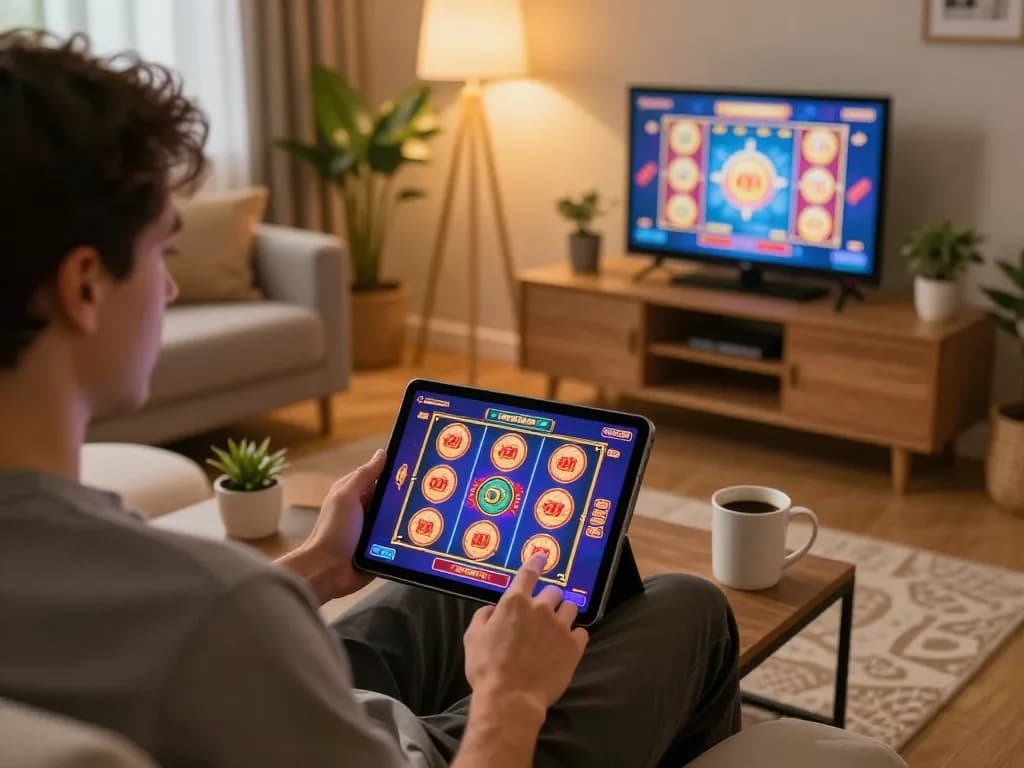 Player enjoying an online slot game with uu88 interface in a cozy home setting