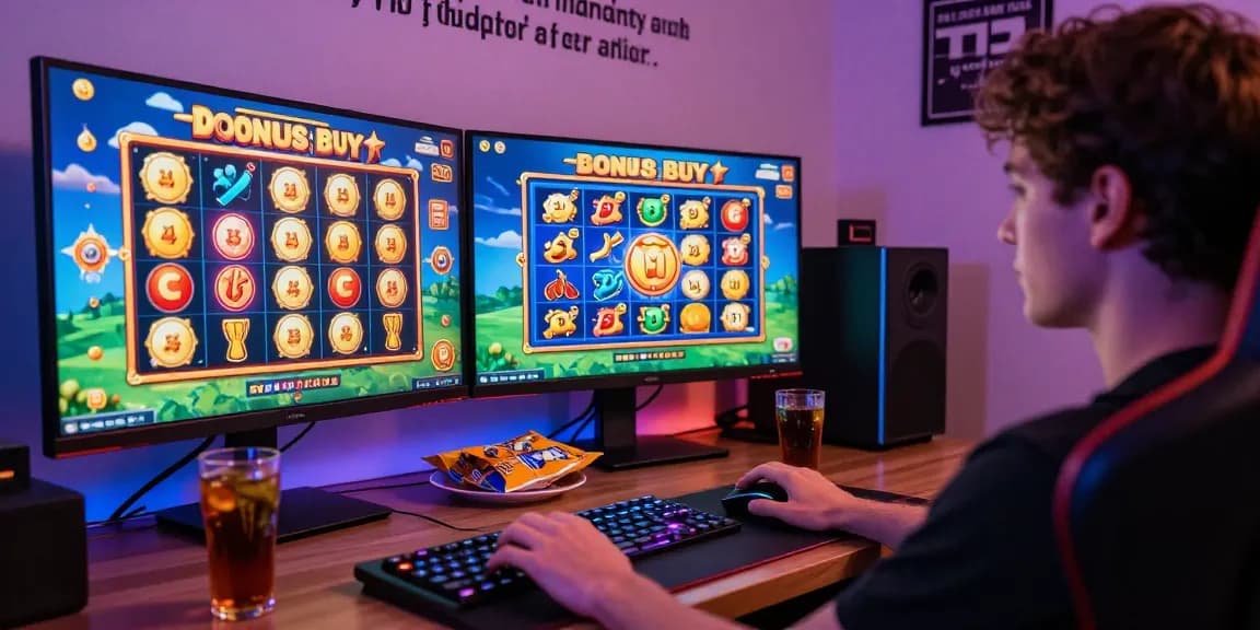 Player immersed in bonus buy slots experience at home, colorful screens showcasing exciting game features and engaging setup.
