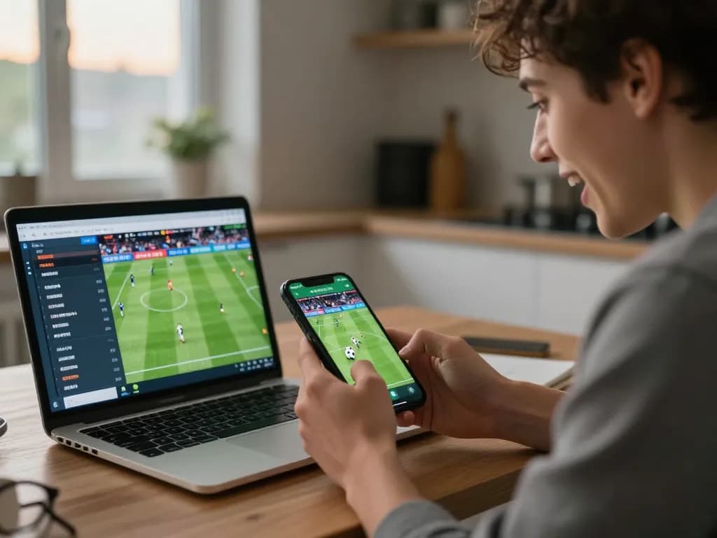 SV368 user placing live sports bets on mobile app during an intense football match.