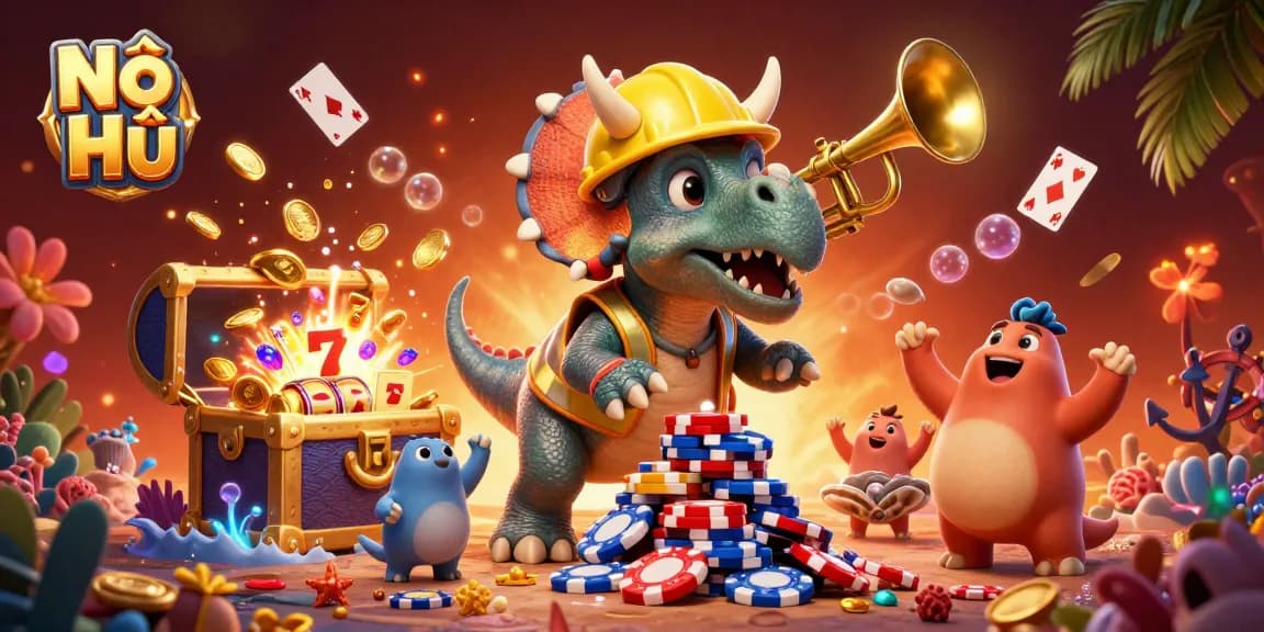 Nổ Hũ encapsulates the excitement of online slots with a cheerful dinosaur crew celebrating jackpot wins!