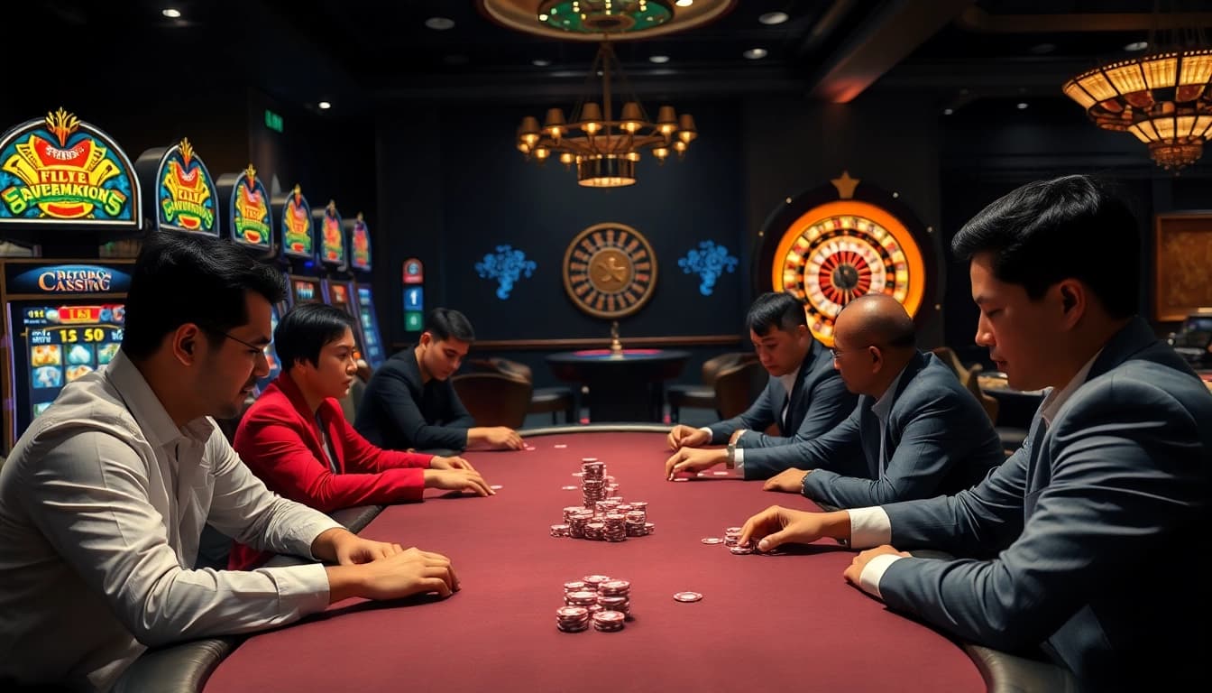 Players strategizing at a poker table in an elegant casino, showcasing inatogel88's excitement.