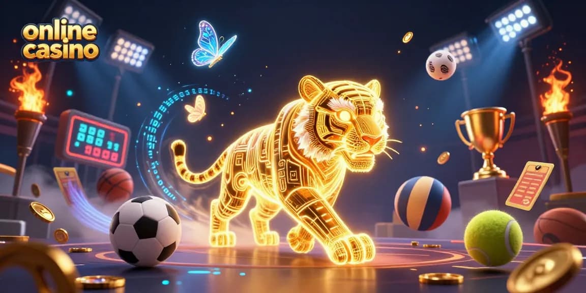 Experience excitement at an online casino with a neon tiger amidst sports betting elements.