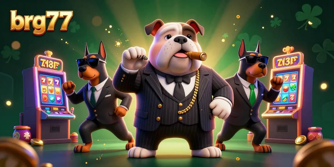 Join the action at brg77 with a vibrant casino scene featuring a mafia boss bulldog and his bodyguards, surrounded by slot machines.