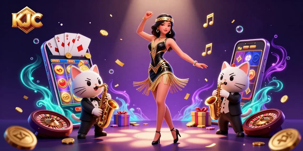KJC's vibrant online casino scene features a flapper dance alongside a jazz-playing cat, capturing the gaming excitement.