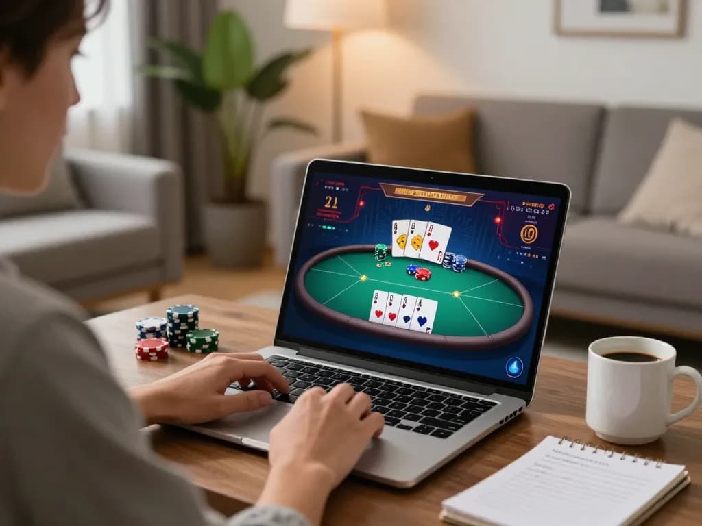 Playing poker on a laptop at home with nhà cái 8xbet, showcasing a cozy gaming setup.
