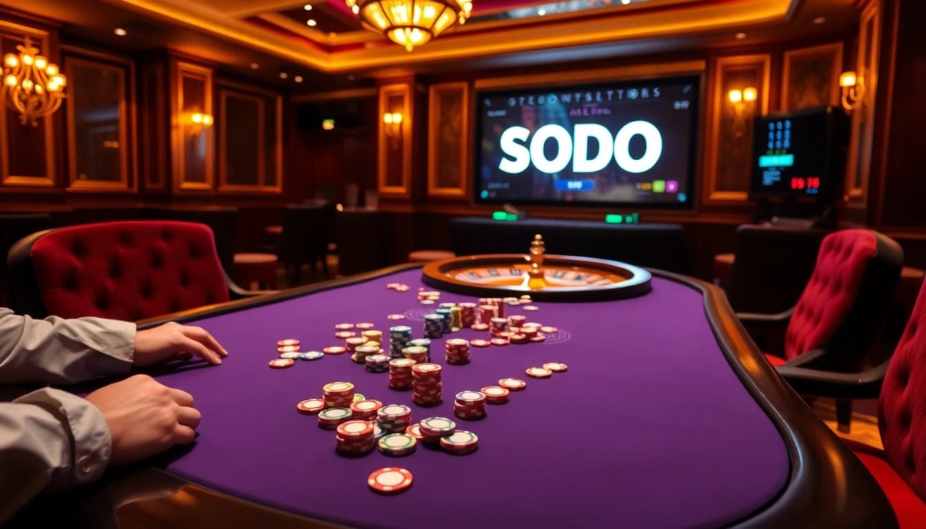 SODO Casino engaging players at a luxurious poker table with spinning roulette wheel and colorful chips.