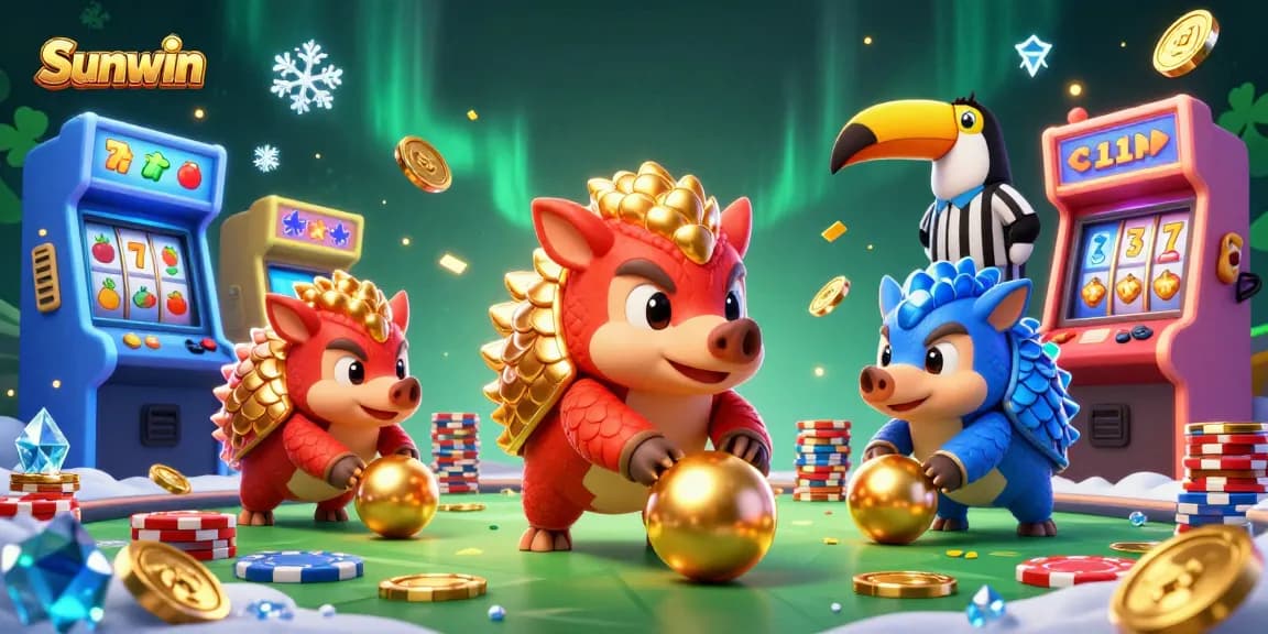 Sunwin pangolins compete in a vibrant casino scene, bowling poker chips with arcade elements.