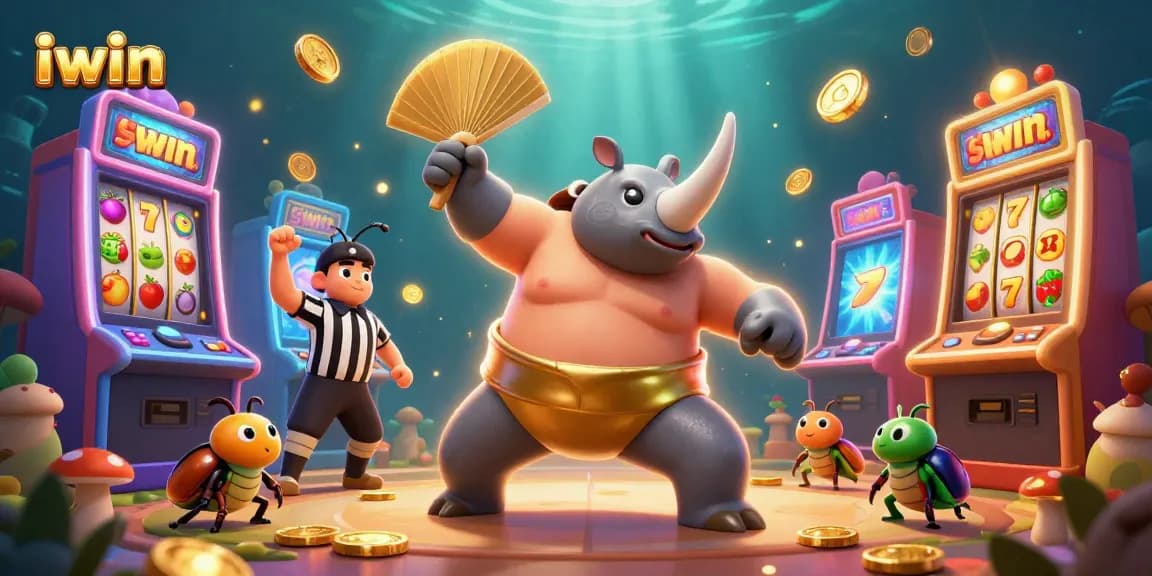 Spin and win with iwin at a vibrant 3D casino scene featuring a beetle champion and dynamic slot machines.