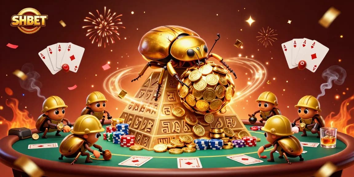 Experience the thrill of SHBET with a vibrant 3D casino scene featuring beetles and poker elements.