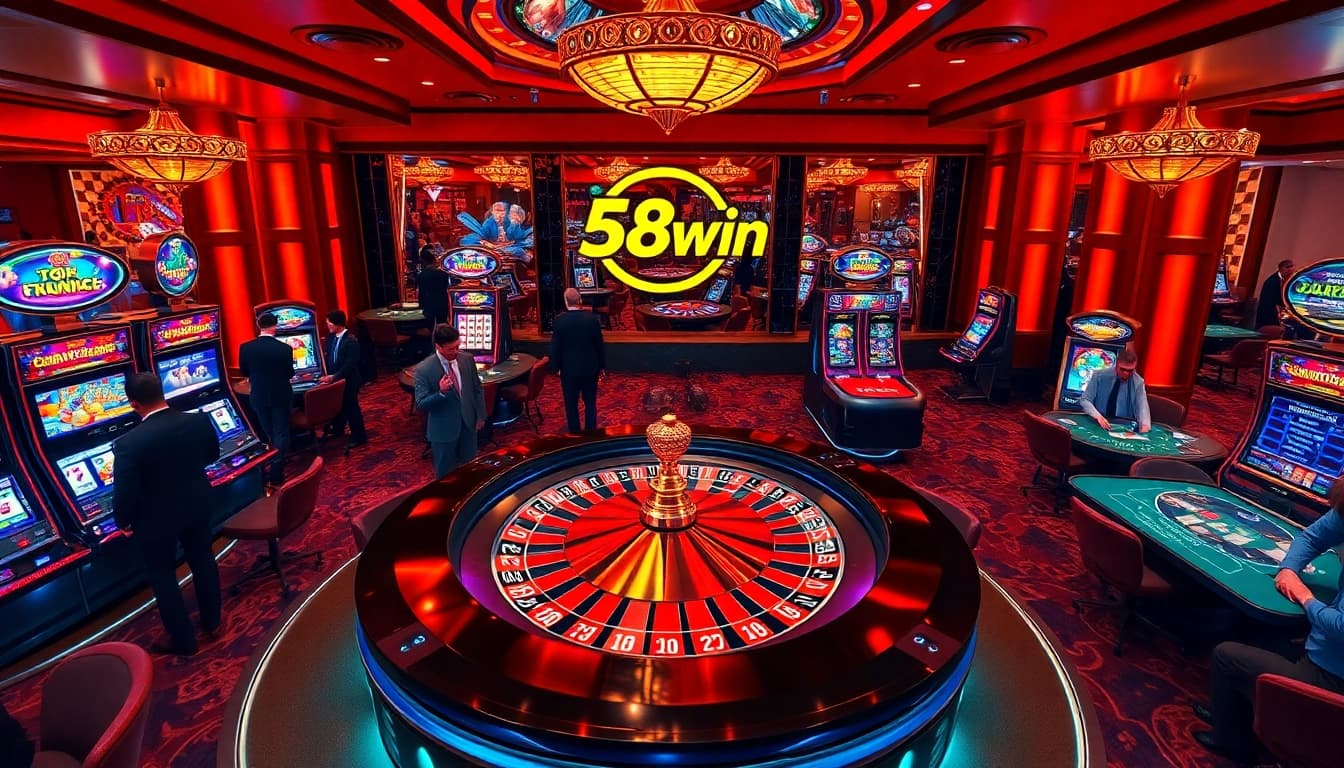 Players enjoying thrilling games at 58win's luxurious casino, showcasing roulette and poker.