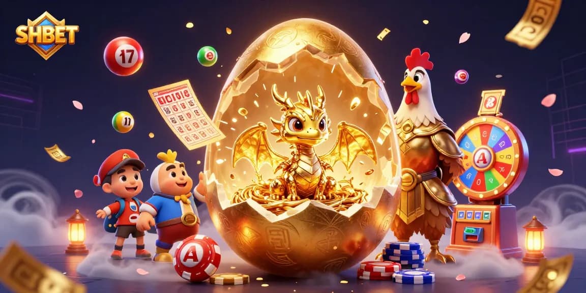 Engage with SHBET's gaming excitement as a golden dragon emerges from a jackpot egg amid vibrant casino elements.