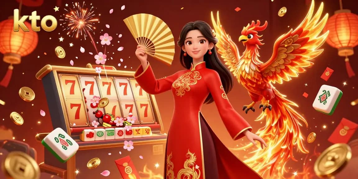 Engage with kto's vibrant casino atmosphere featuring an elegant woman and a phoenix amidst thrilling slots action.