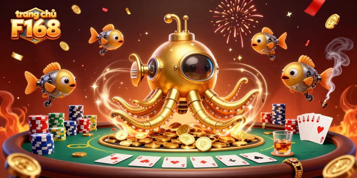 Experience gaming excitement at trang chủ F168 with a golden kraken submarine and vibrant poker elements.