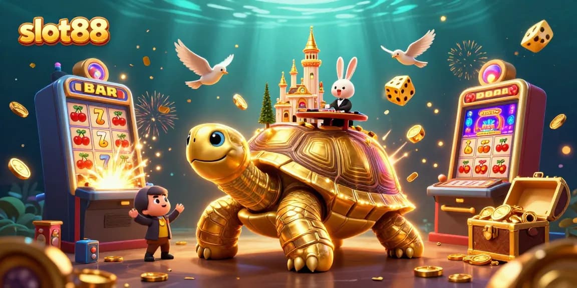 Permainan slot88 menampilkan kura-kura emas raksasa dengan istana kasino, dealer kelinci, dan burung membawa koin emas.