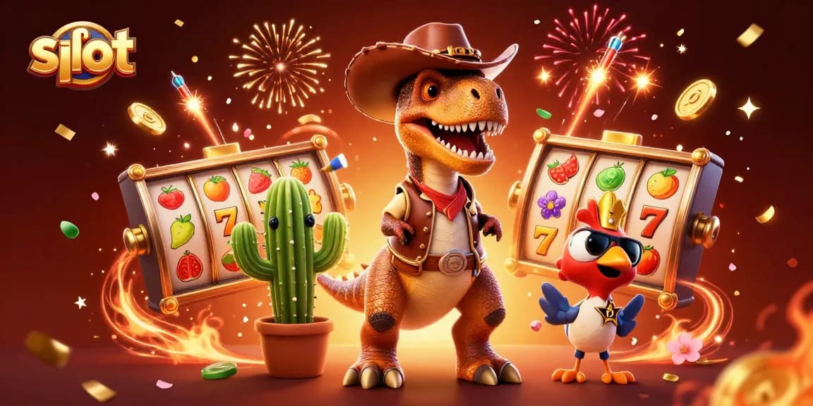 Spin vibrant slot reels in a lively casino scene featuring a T-Rex and friends.