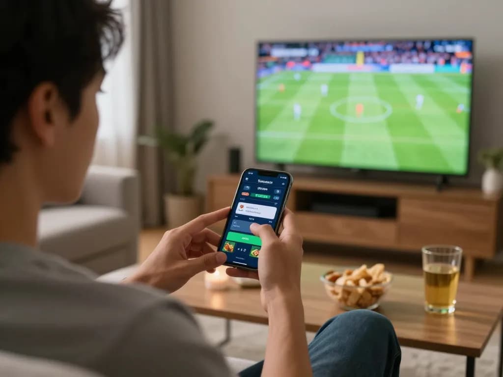 JUN88 user placing bets on smartphone while enjoying a football match at home, showcasing live betting excitement.