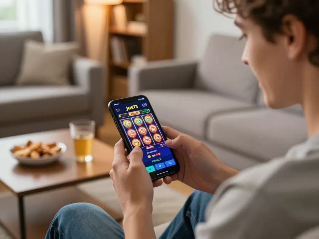 Engaged player using the jus77 app for exciting mobile gaming action with colorful visuals.