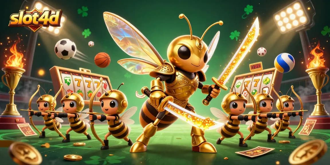 Play slot4d with excitement as a golden hornet samurai leads a dynamic gambling scene.