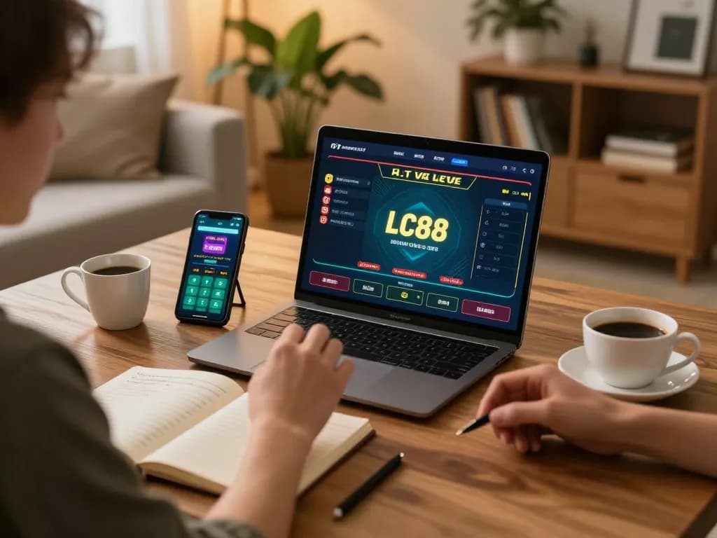 Engaging with the LC88 online casino platform at home, showcasing a player’s focused strategy.