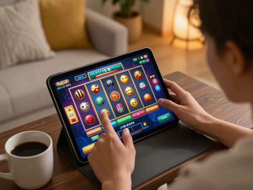 Spinning slot reels display excitement in a cozy home gaming setup