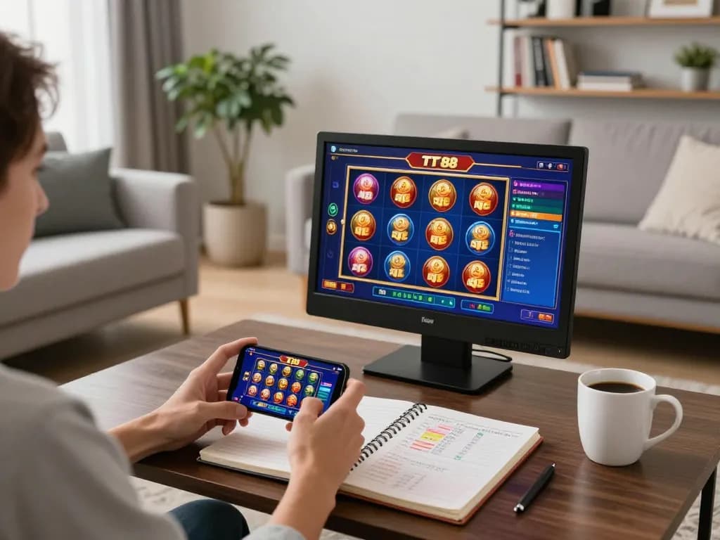 Engaging with the TT88 casino app on a smartphone during a pleasant home gaming session.