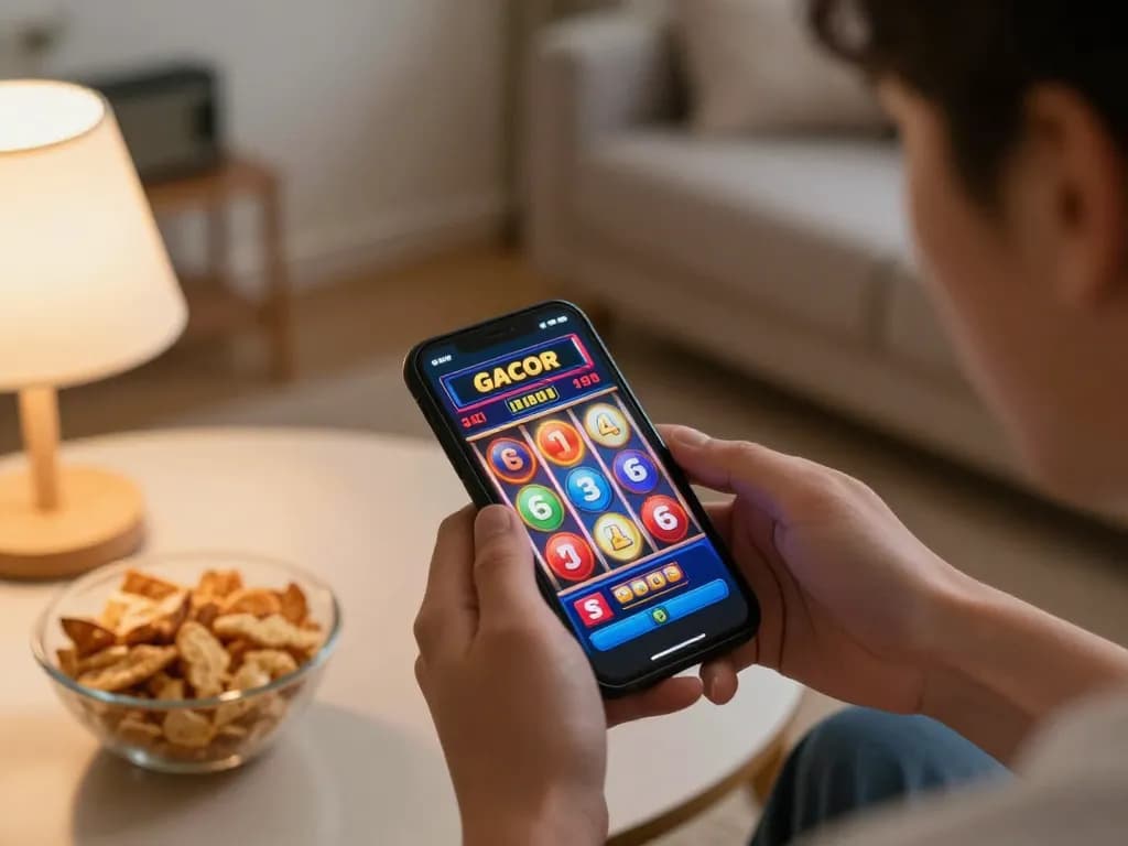 Engaging with link gacor online slot game on mobile device in a cozy home setting.