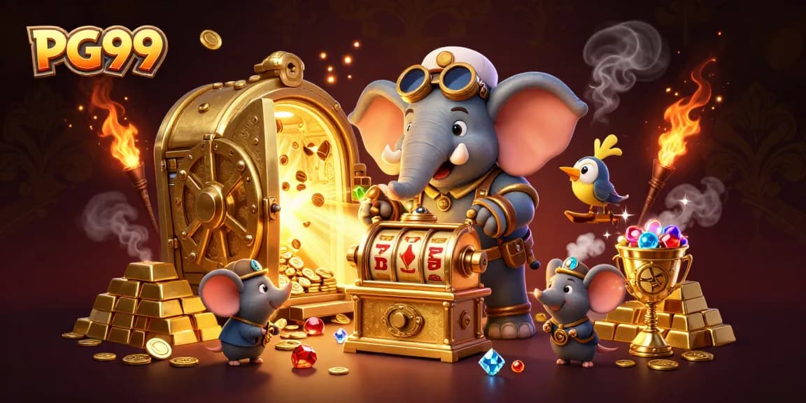 PG99 showcases an engaging cartoon scene with steampunk elements and luxurious treasure.