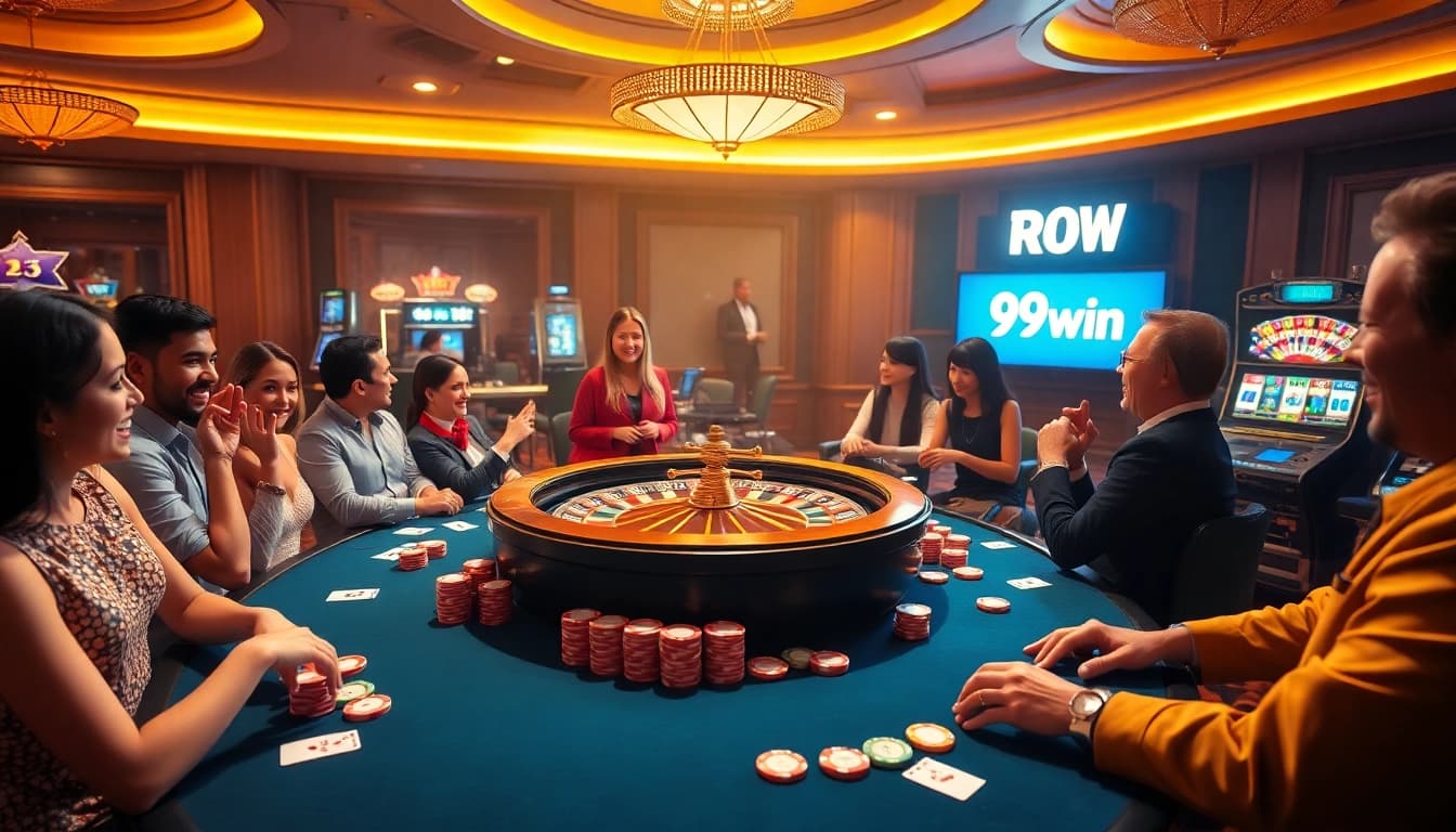 Players enjoying blackjack and poker games at a 99win casino table in a luxurious setting.
