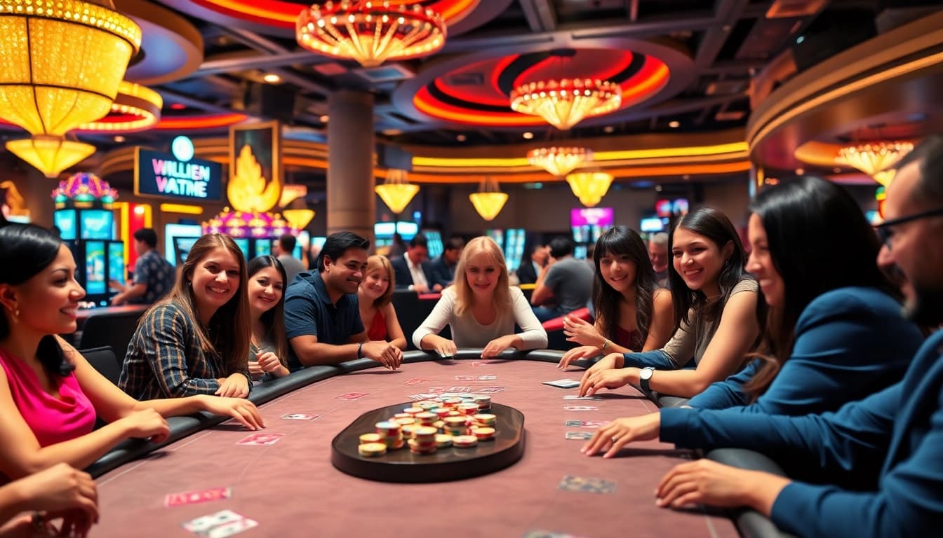 Players enjoying the best online casino games at a glamorous gaming table filled with colorful chips.