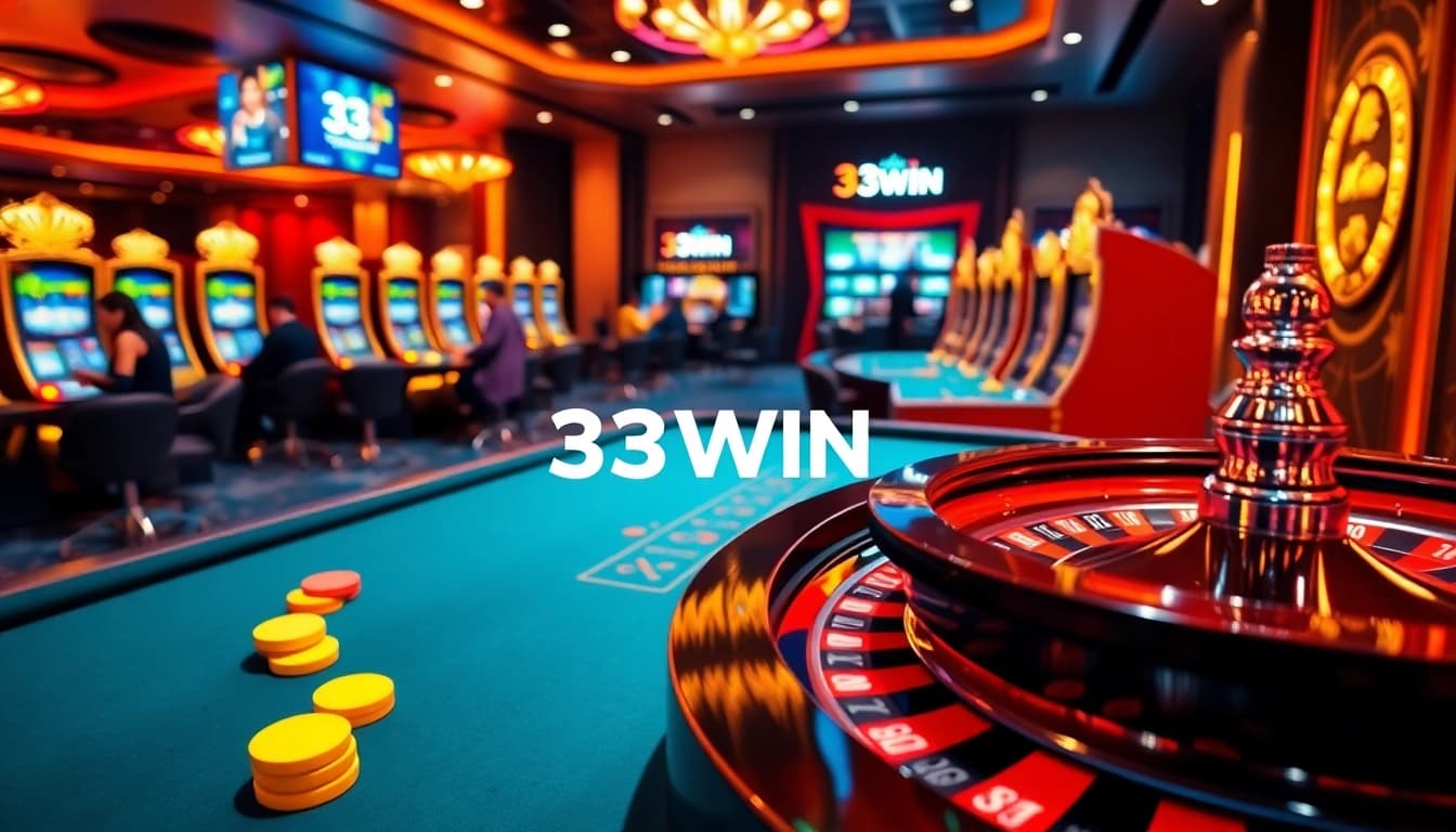 33WIN gaming scene with roulette wheel and vibrant slot machines showcasing excitement in online gambling