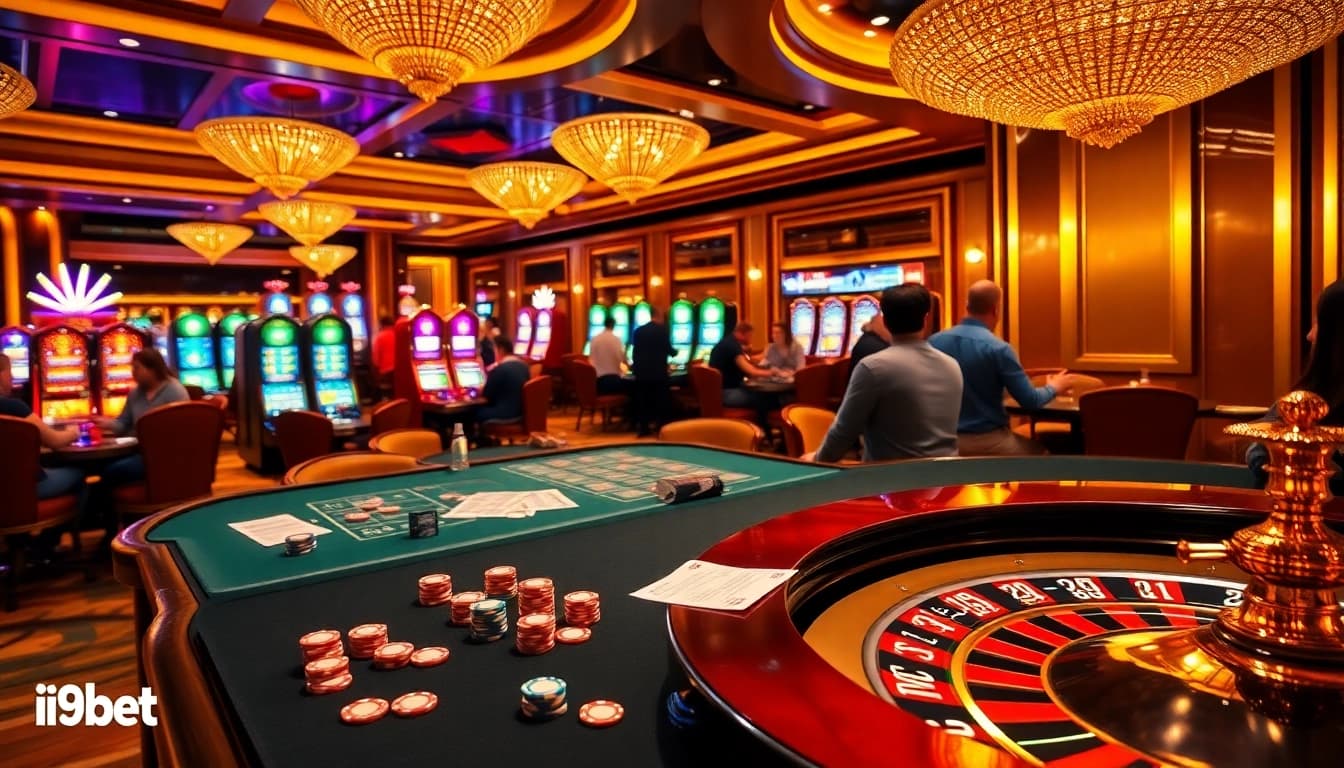 I9bet players engaging in high-stakes poker and roulette with vibrant casino ambiance.