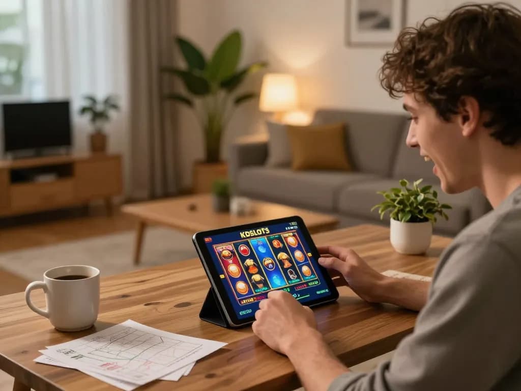 Player enjoying KDSLOTS online slots with vibrant graphics in a cozy home setting, reflecting responsible gaming.