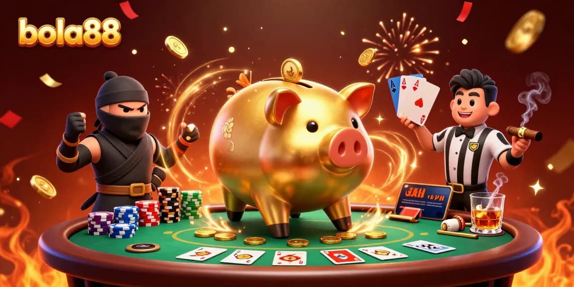 Engage in thrilling gameplay at bola88 with a dynamic 3D casino scene showcasing characters and energetic elements.