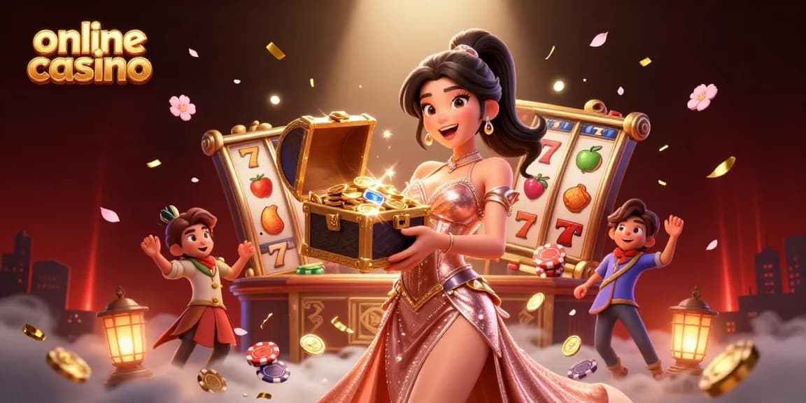 Experience the thrill of an online casino with an exciting treasure chest of gold and gems.