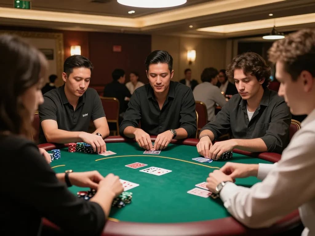 Players enjoying a strategic poker game at 123bmvp casino, vibrant atmosphere and engaging gameplay.
