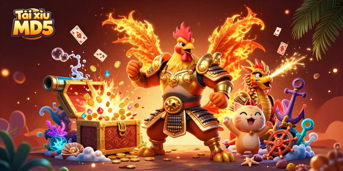 Engage in exciting Tài xỉu MD5 gameplay with vibrant characters and treasures in a casino-themed scene.