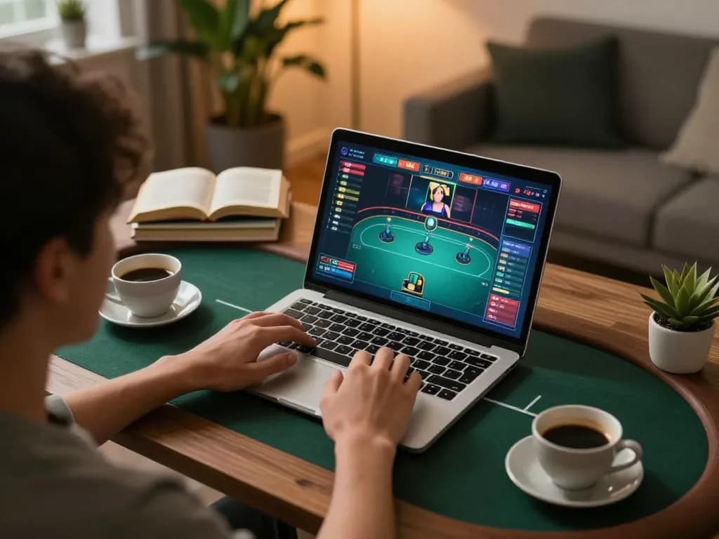 Engaged player at 99ok poker game, enjoying a responsible gaming experience in a cozy home setup