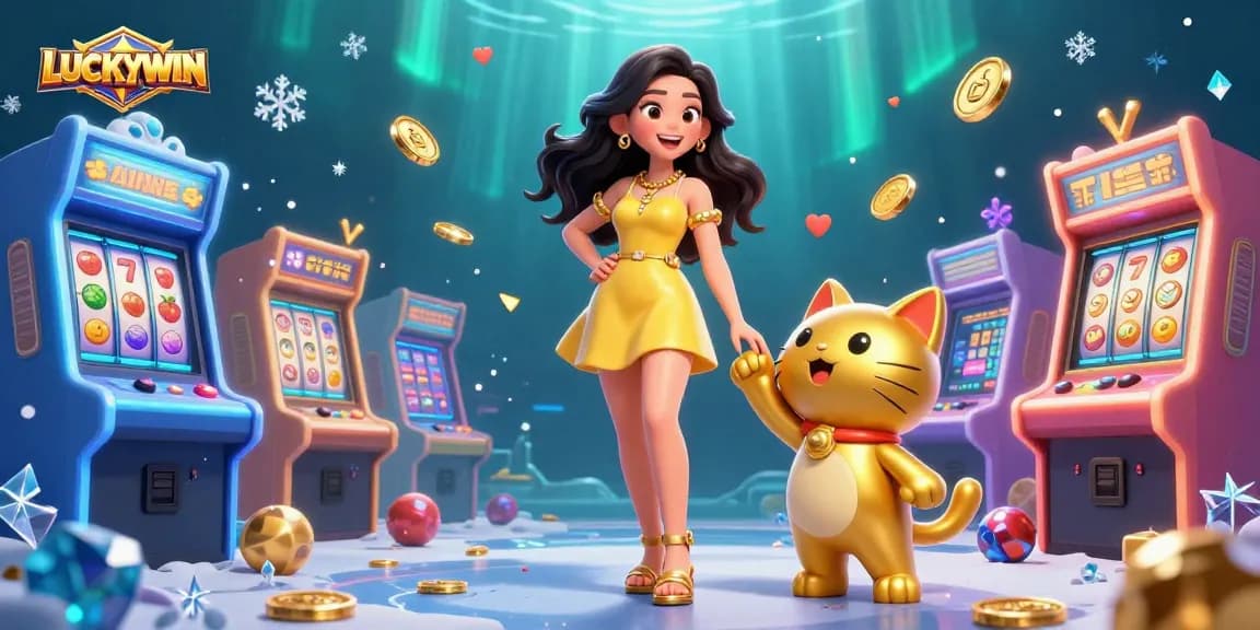 Play and win at LUCKYWIN with vibrant casino-themed 3D illustration featuring cheerful characters!